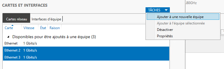 Création d'une nouvelle équipe de cartes réseau