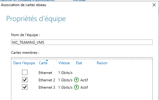 Configuration des propriétés de l'équipe NIC